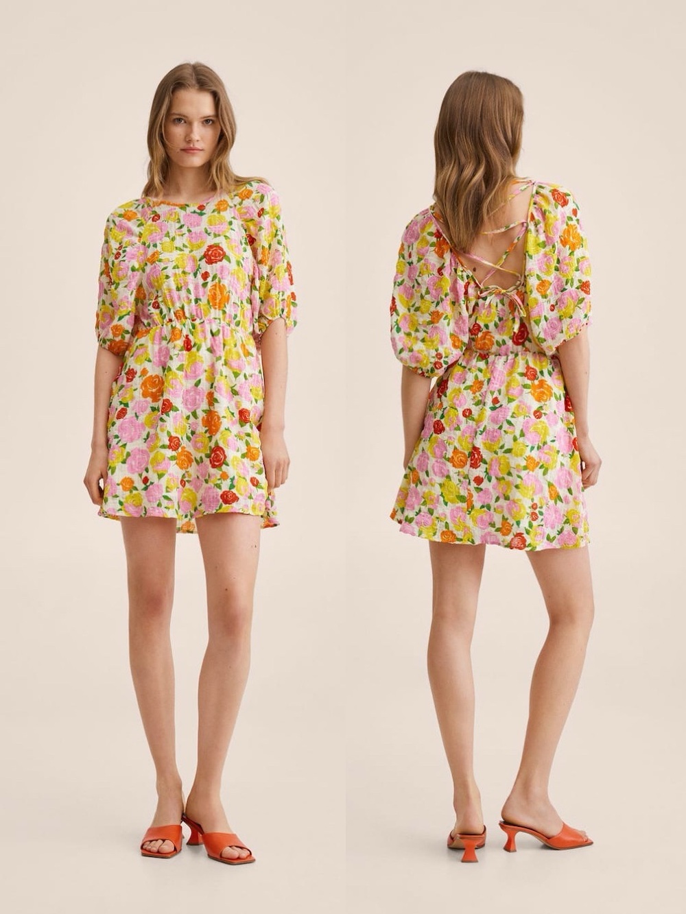Mango Floral Flowy Mini Dress Yellow Pink Summer 2 4 6 8 10  NWT